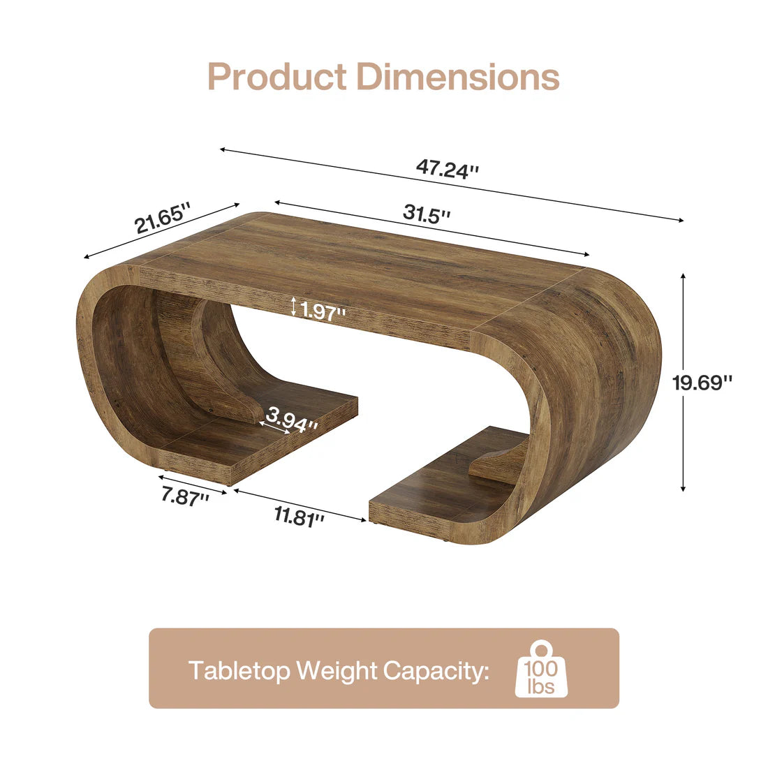 C-Shaped Coffee Table - Artistic Wooden Center Table, Brown