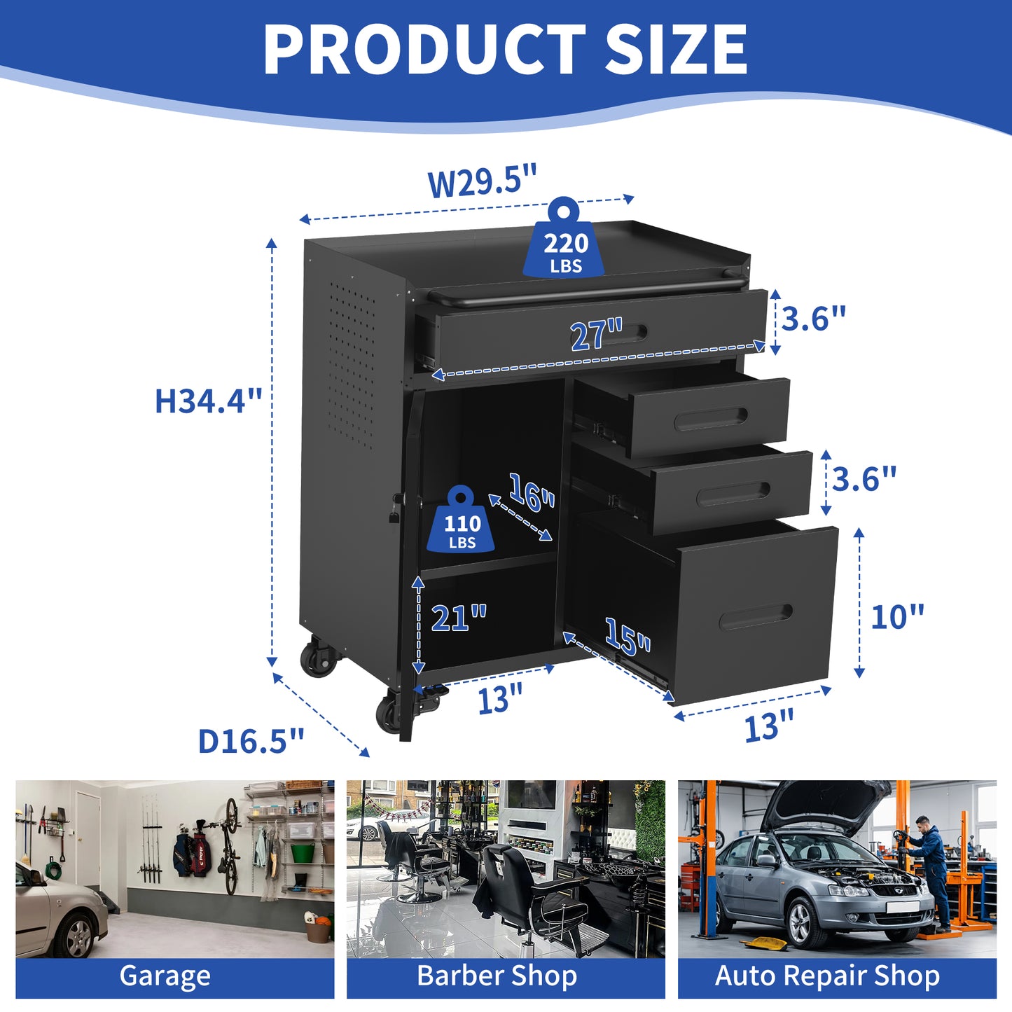 34.3" Mobile Tool Storage Cabinet - Lockable Rolling Chest in Black