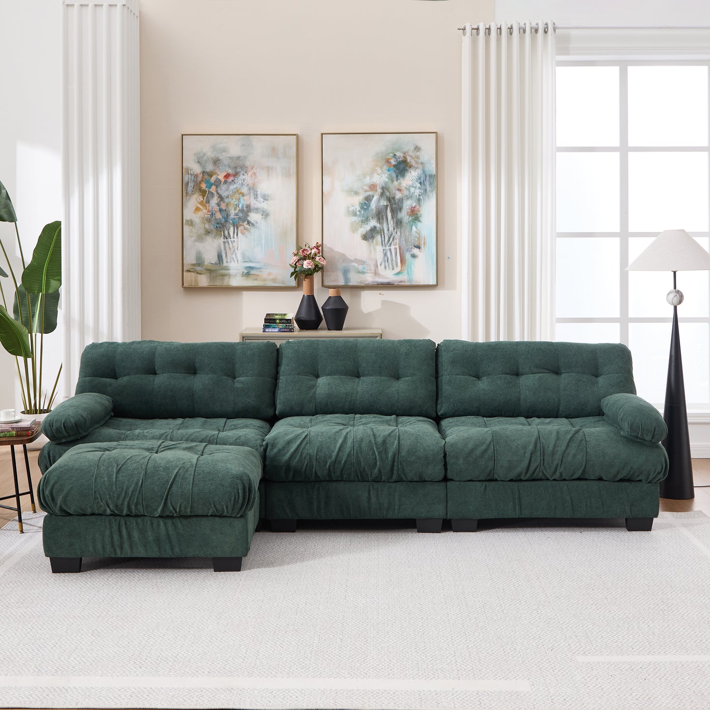 Modular Sectional Sofa with Movable Ottoman - Green Cloud Couch