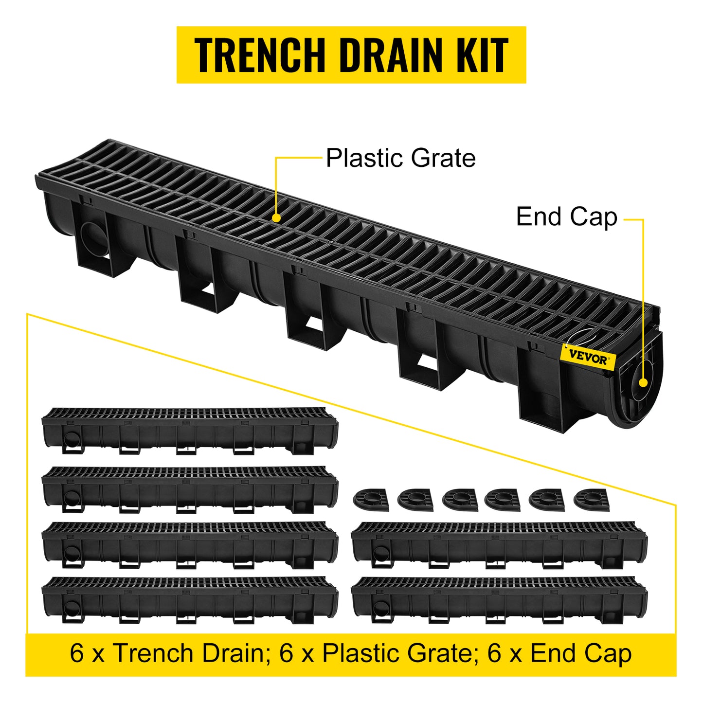 Garden Trench Drain System with Plastic Grate 6 Pack - Black 5.9x5.1 Inch HDPE Drainage Channel for Driveway & Garden