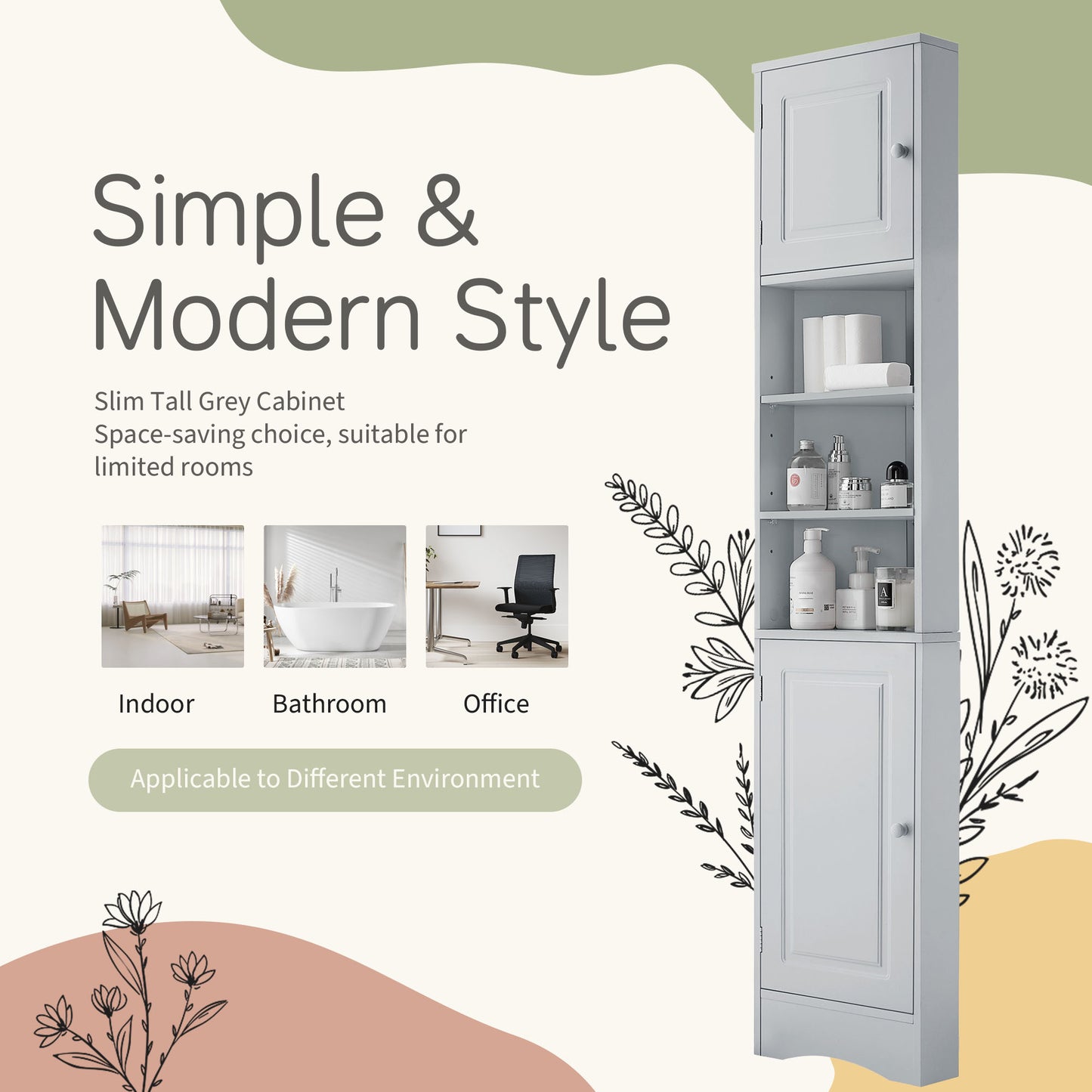 Tall Bathroom Storage Cabinet with Adjustable Shelves - Grey