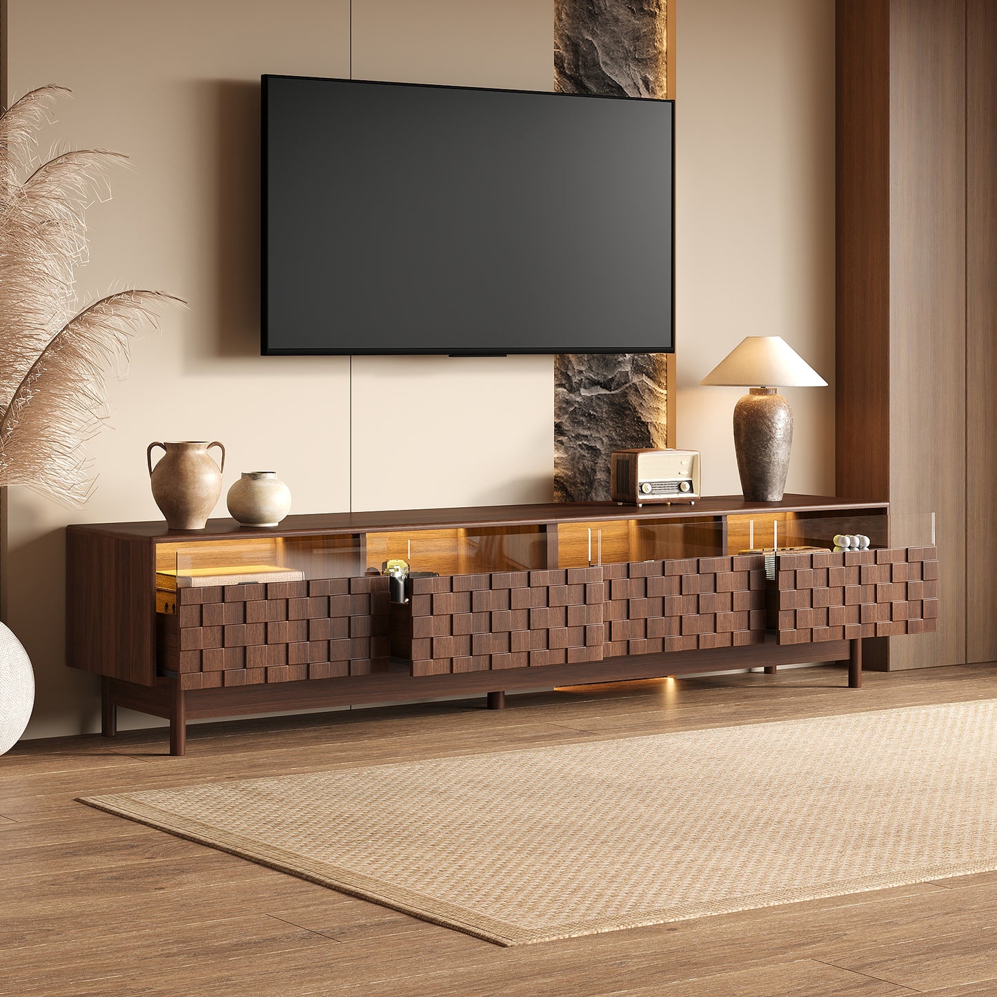 78 Inch TV Stand for Living Room - Modern Entertainment Center with LED Lights and Glass Drawers