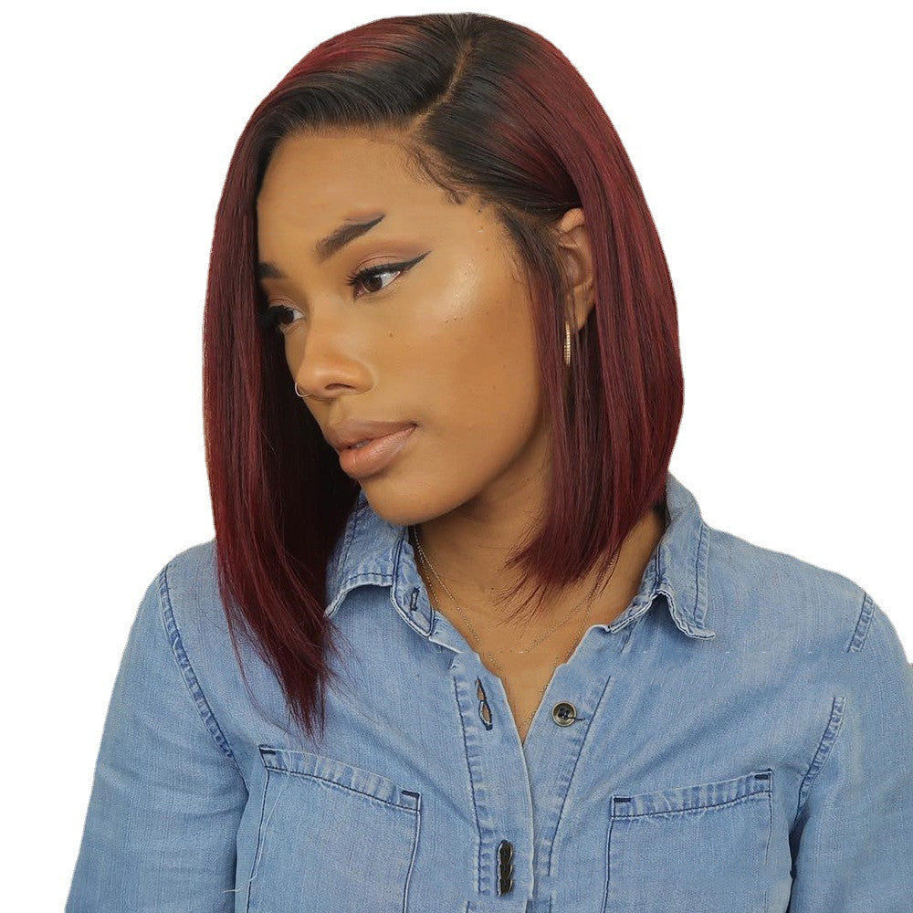 Women's Burgundy Short Straight Wig with Side Parting - 40cm Synthetic Hair