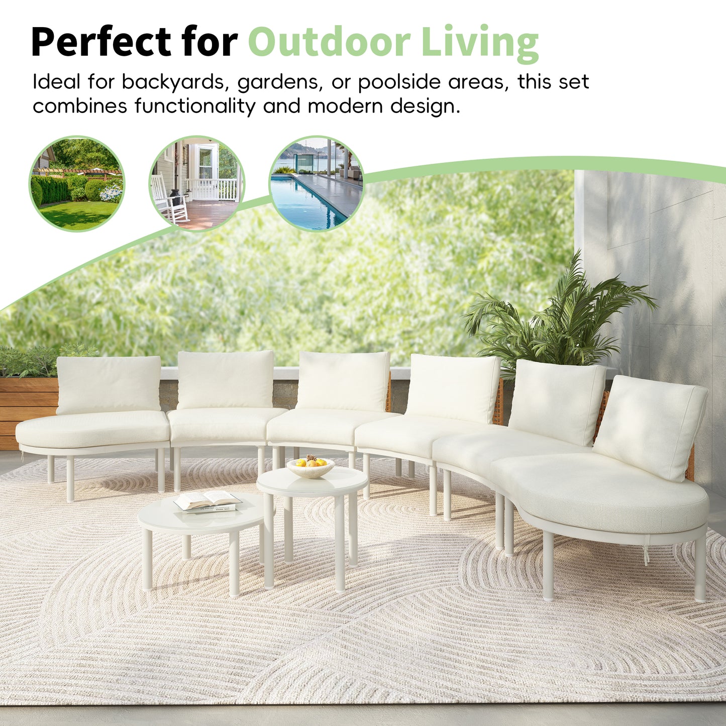 8-Piece Half Moon Outdoor Sectional Sofa Set with Coffee Tables - Beige
