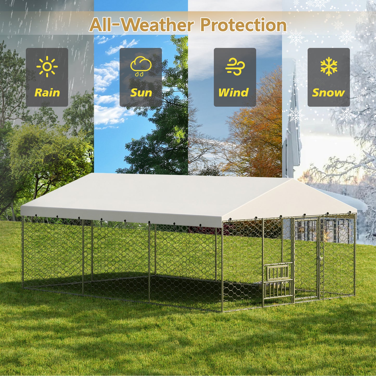 Large Outdoor Dog Kennel with Canopy - Heavy Duty Steel Frame, Waterproof Cover, Elevated Feeders, Escape-Proof Locking for Large Dogs