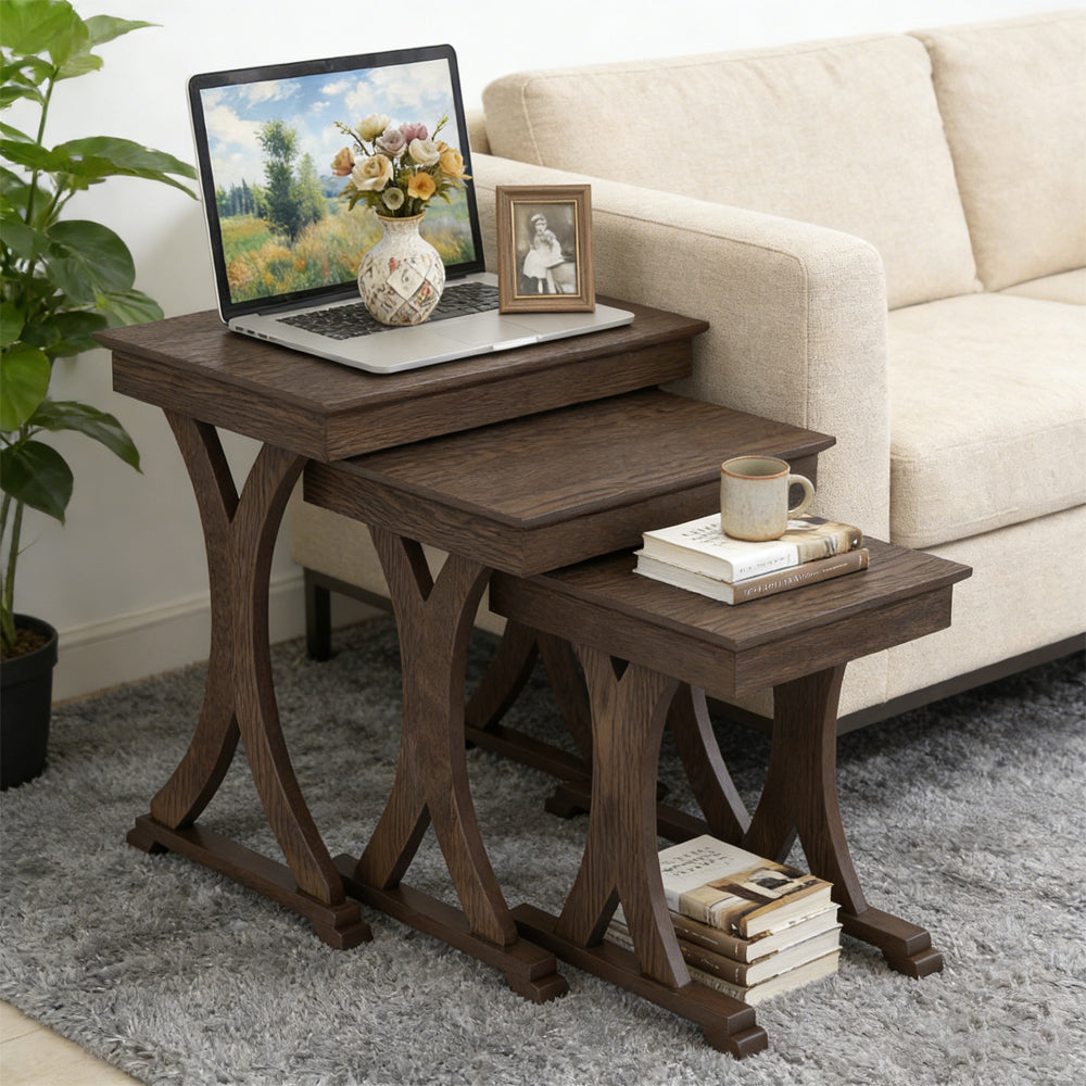 3 Pieces Nesting Coffee Table Side With Solid Rubber Wood Legs For
