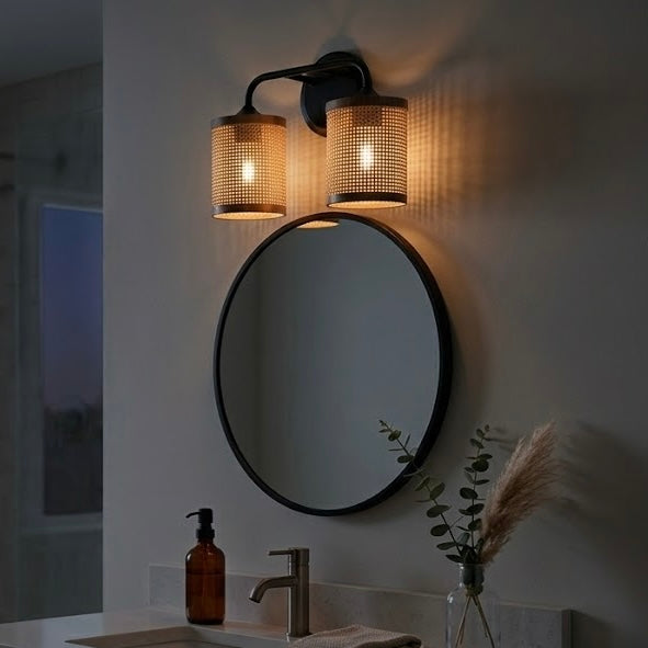 Quell Double Light Vanity With Natural Rattan Shade Wall Lamp