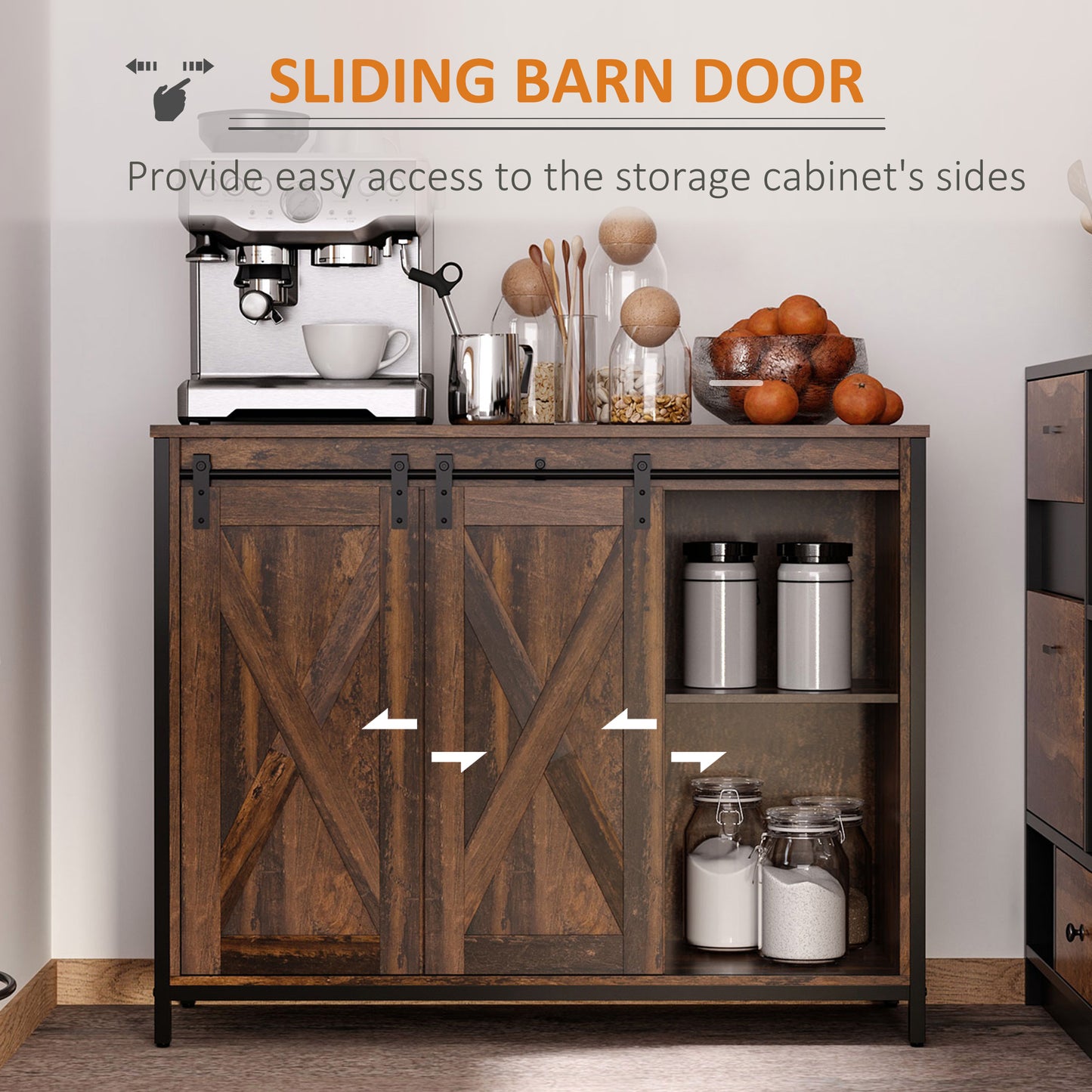 Rustic Brown Buffet Cabinet with Sliding Barn Doors - Kitchen Storage