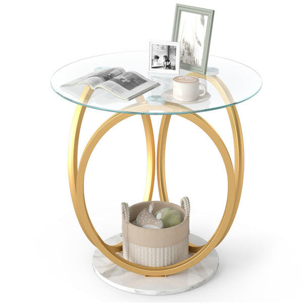 Modern 2-Tier Side Table With Tempered Glass Top & Faux Marble Base,