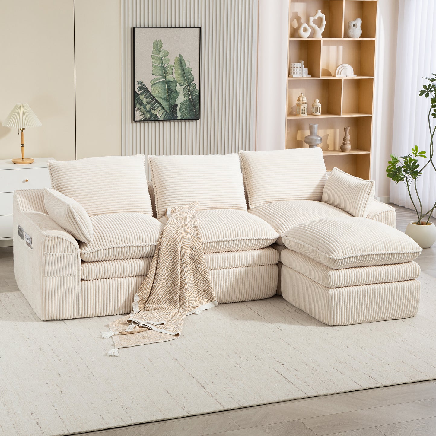 Beige L Shaped Modular Sectional Sofa with Footstool & Pillows