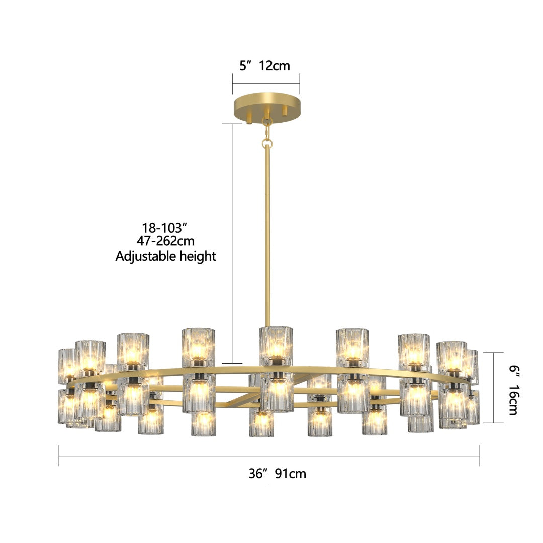 Modern 36-Inch Gold Round Chandelier with K9 Crystal