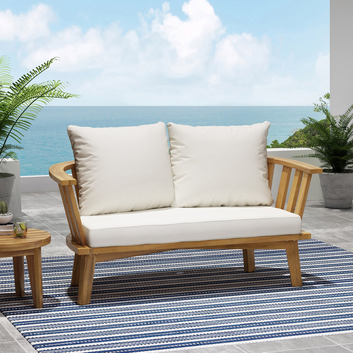 Outdoor Wooden Loveseat With Cushions - White Teak 55.50 W X 27.00 D