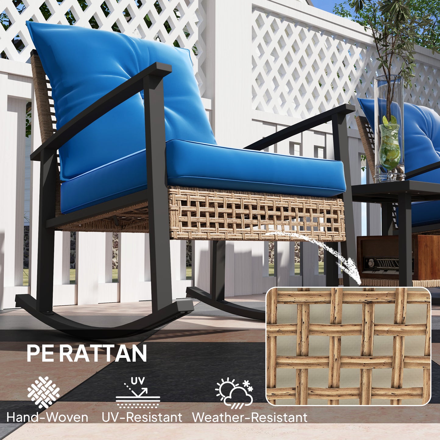 3-Piece Outdoor Bistro Set with Rocking Chairs & Coffee Table - Blue