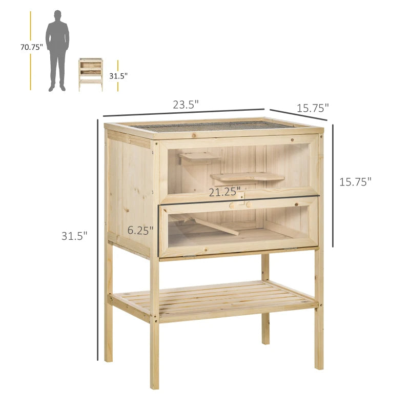 3-Tier Wooden Hamster Cage with Openable Top & Shelves - Natural Wood Small Animal Habitat
