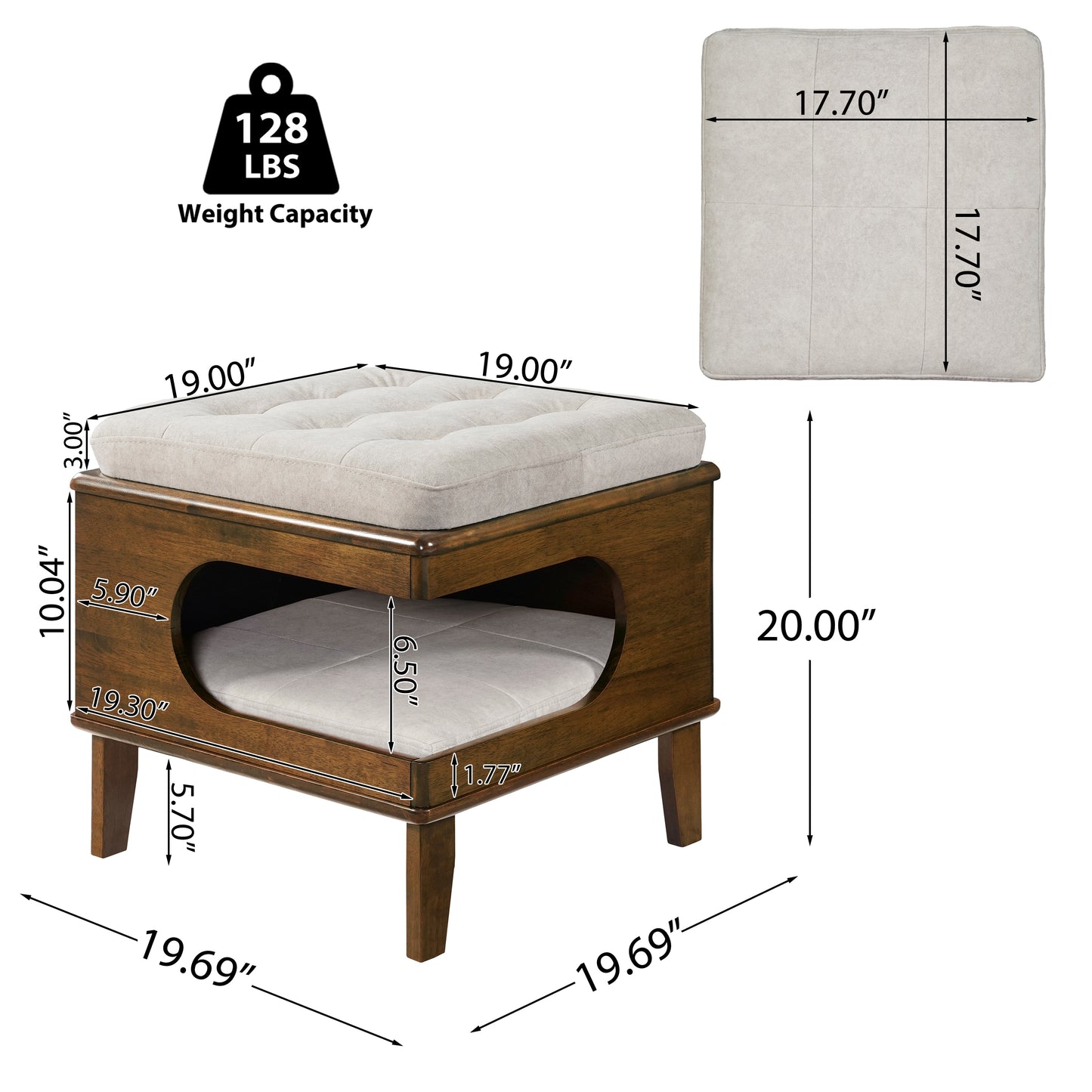 Rubber Wood Cat Bed Ottoman with Cat Cave - 2-in-1 Tufted Pet Footstool, Walnut Finish