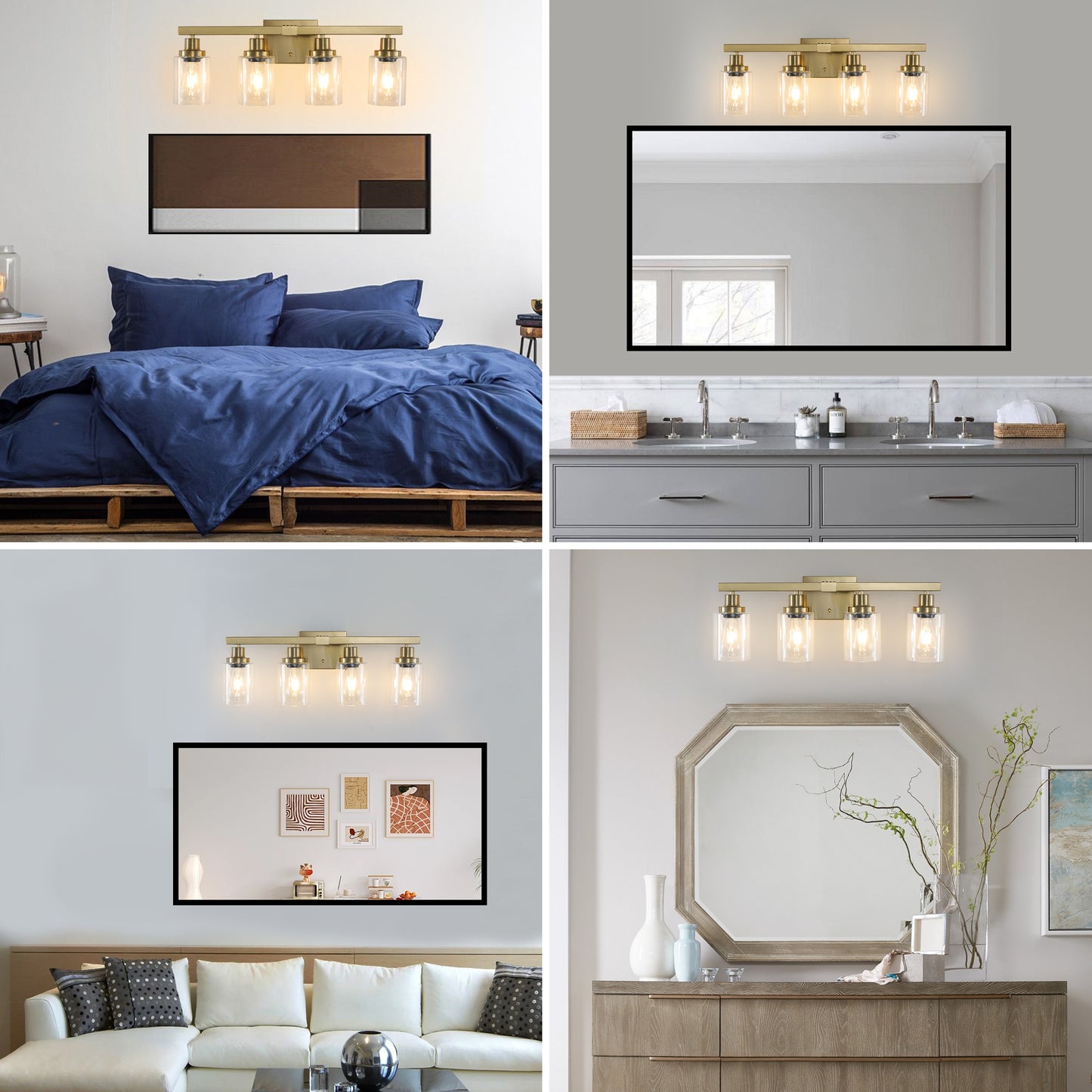 4-Light Golden Vanity Wall Light with Clear Glass Shades