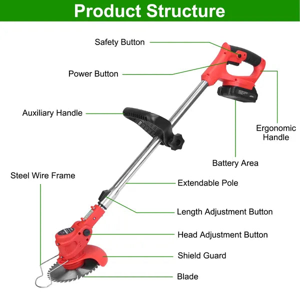 Cordless Electric Grass Trimmer with Saw Blades & Accessories - Rechargeable