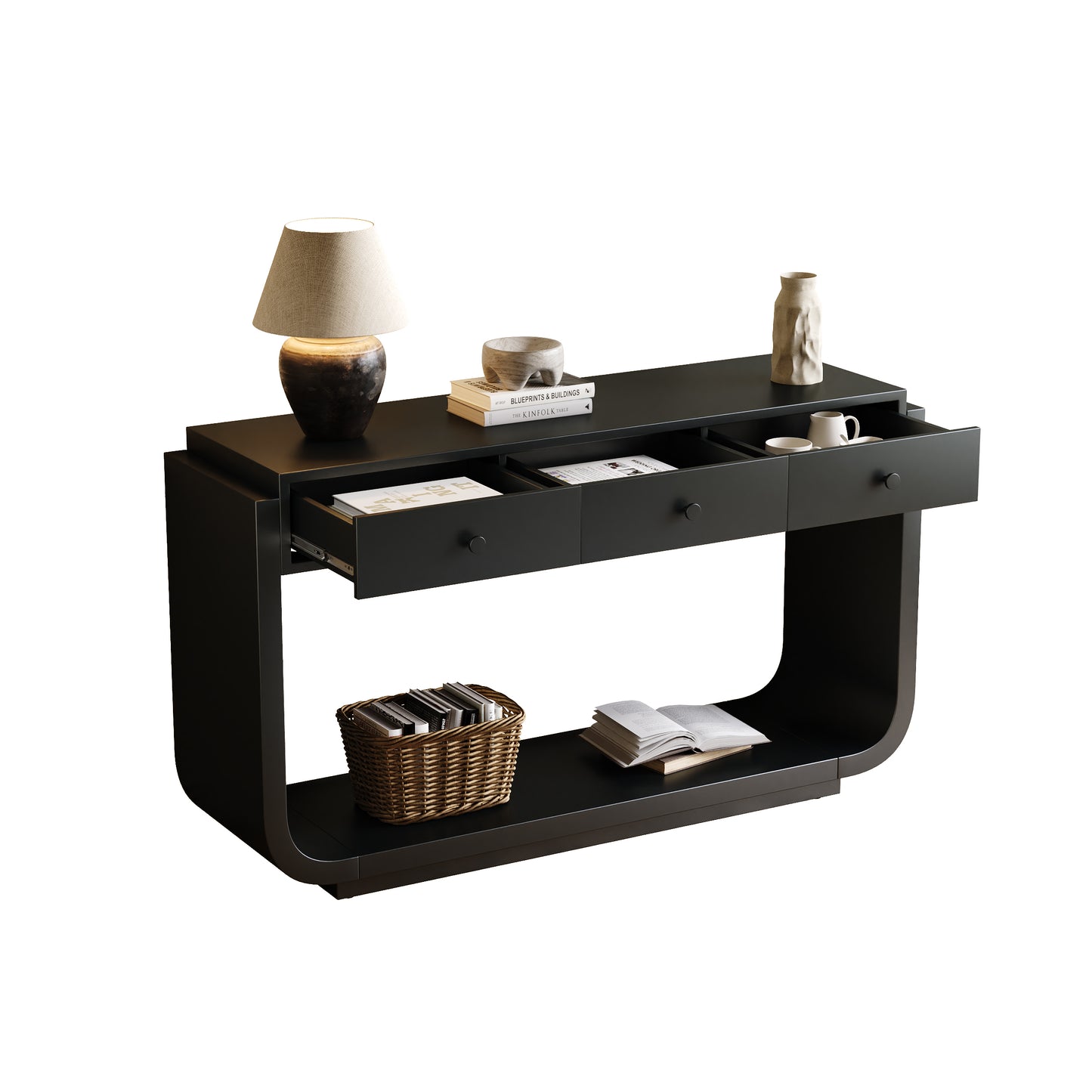 Classic Console Table with 3 Storage Drawers - Black