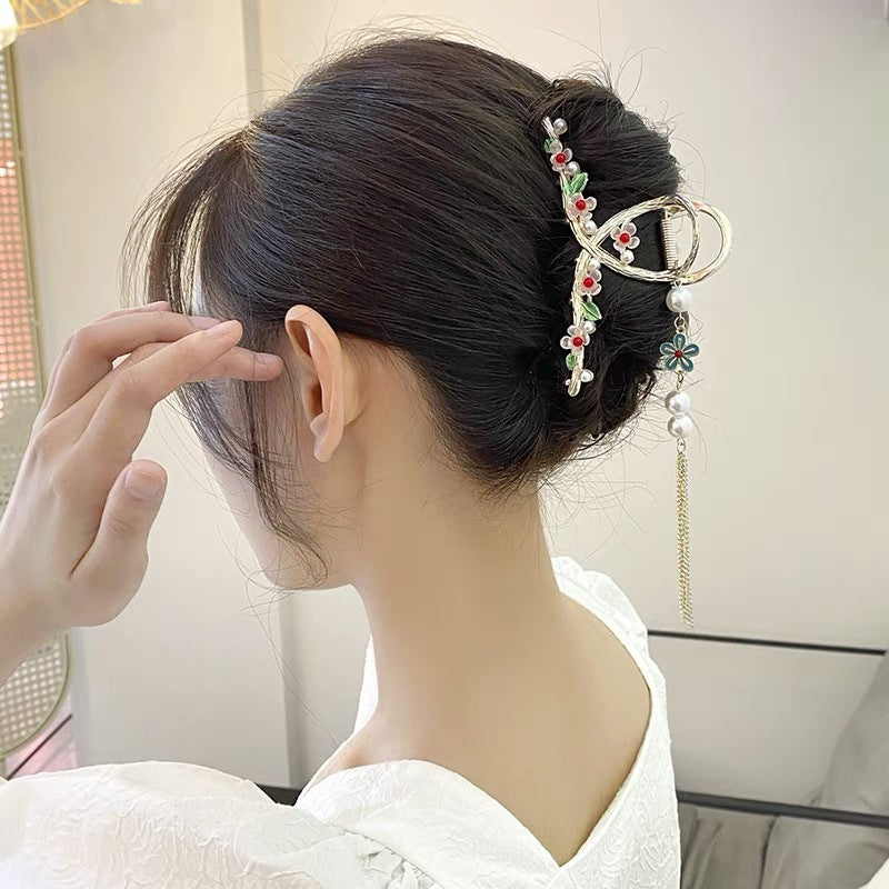 Antique Metal Hair Clip with Tassel & Pearl Detail
