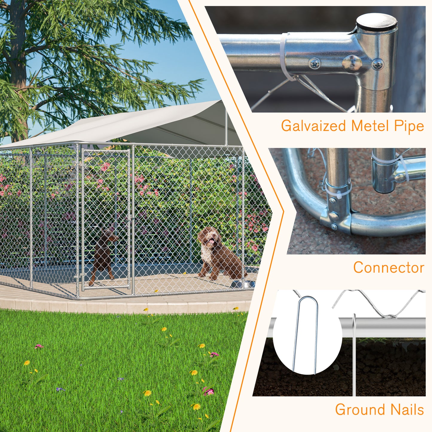 Heavy Duty Outdoor Dog Kennel 14.8x14.8x7.6 Ft, Galvanized Chain Link