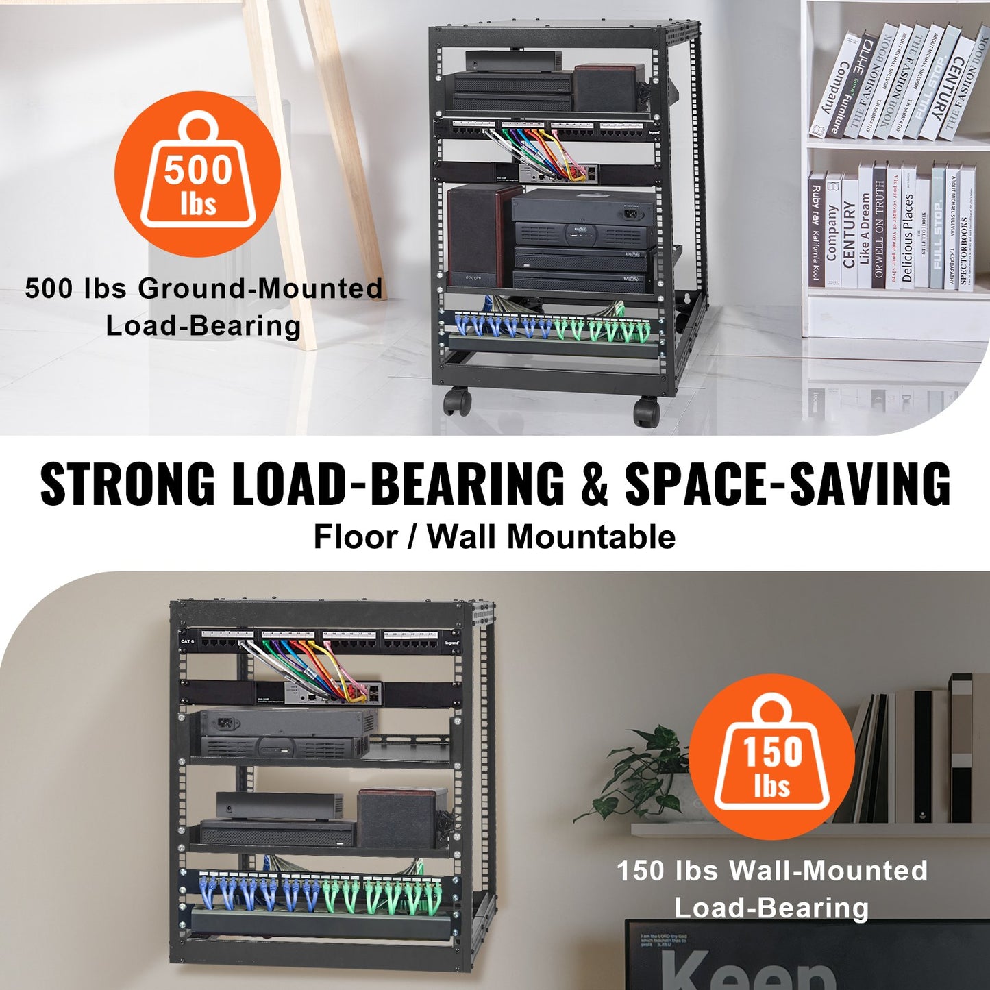 15U Open Frame Server Rack with Adjustable Depth 23-40 inches - Black