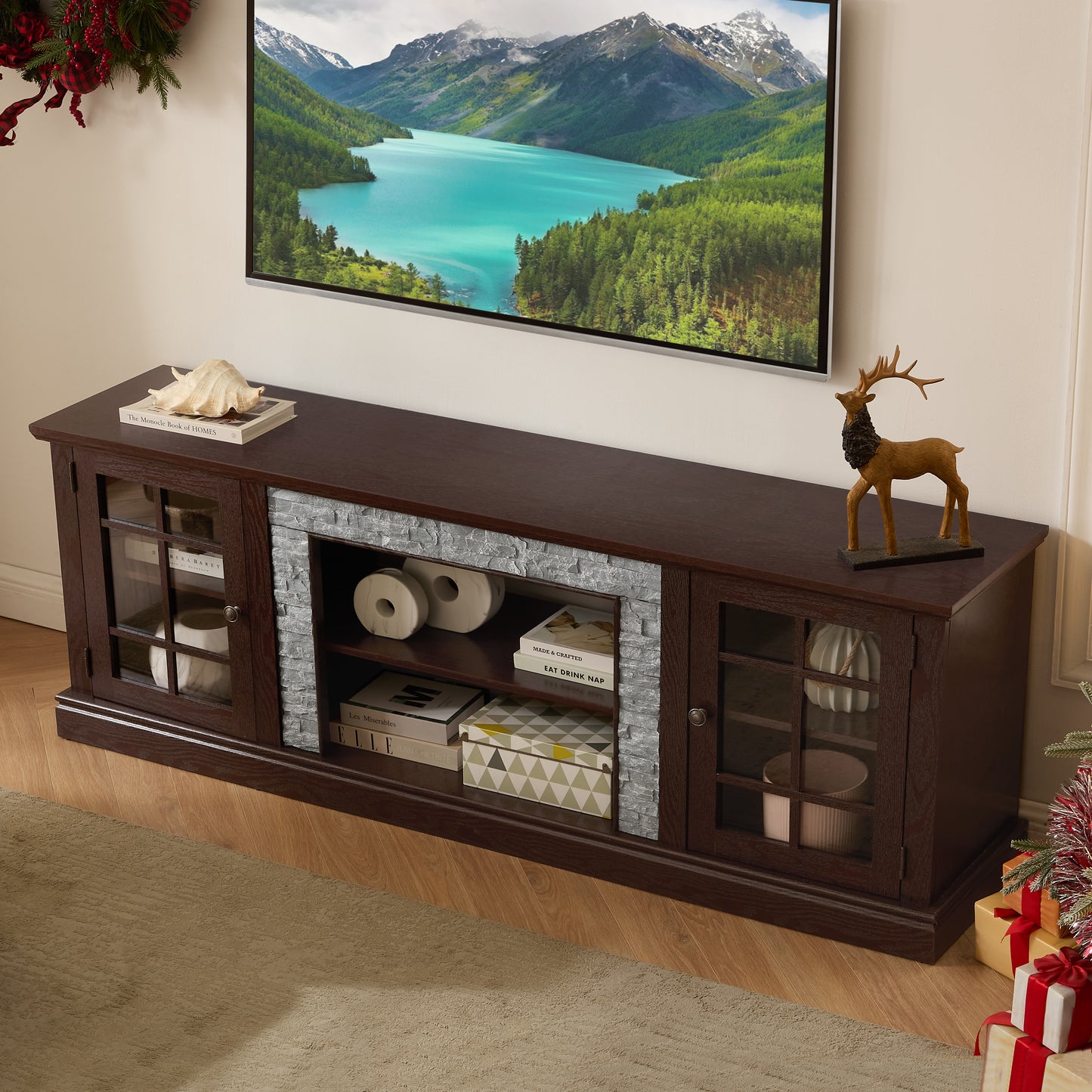 70 Modern TV Stand With 2-Door Storage, Faux Stone Media Console