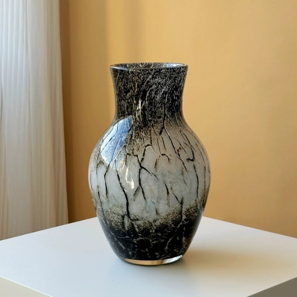 Chinese-Style Black and White Ink Wash Glazed Glass Vase - Handblown Decor