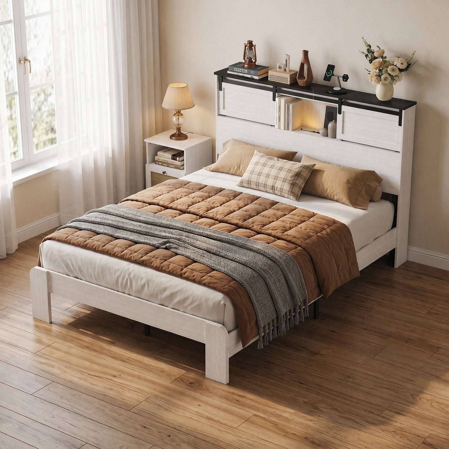 Farmhouse Queen Size Bed Frame with Storage & USB Charging