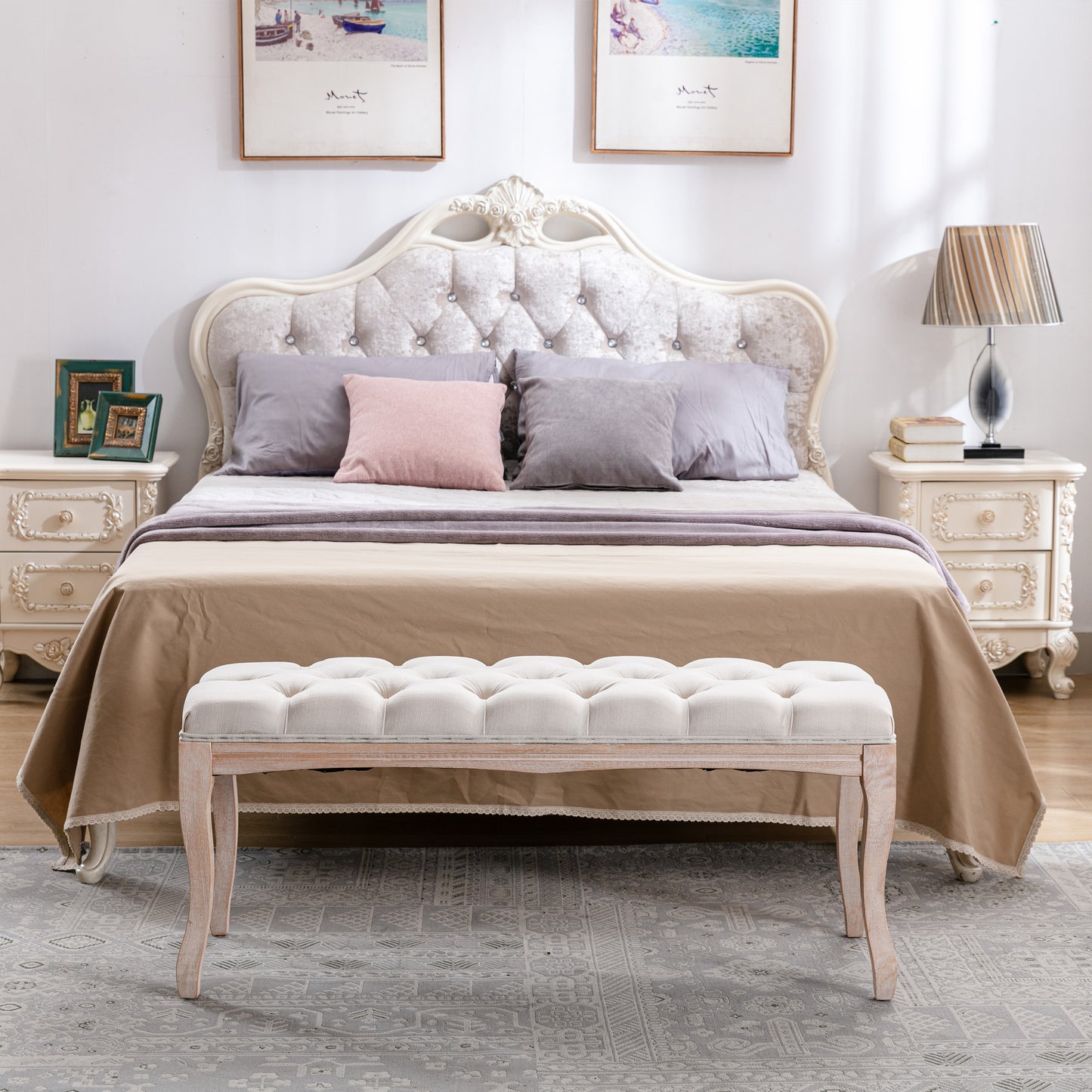 French Vintage Tufted Upholstered Bedroom Bench - Beige