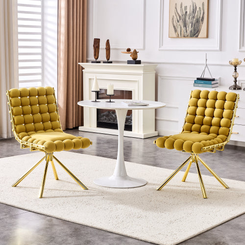 Set Of 2 Yellow Puffy Bubble Chair Ball Chain Velvet Dining Chairs
