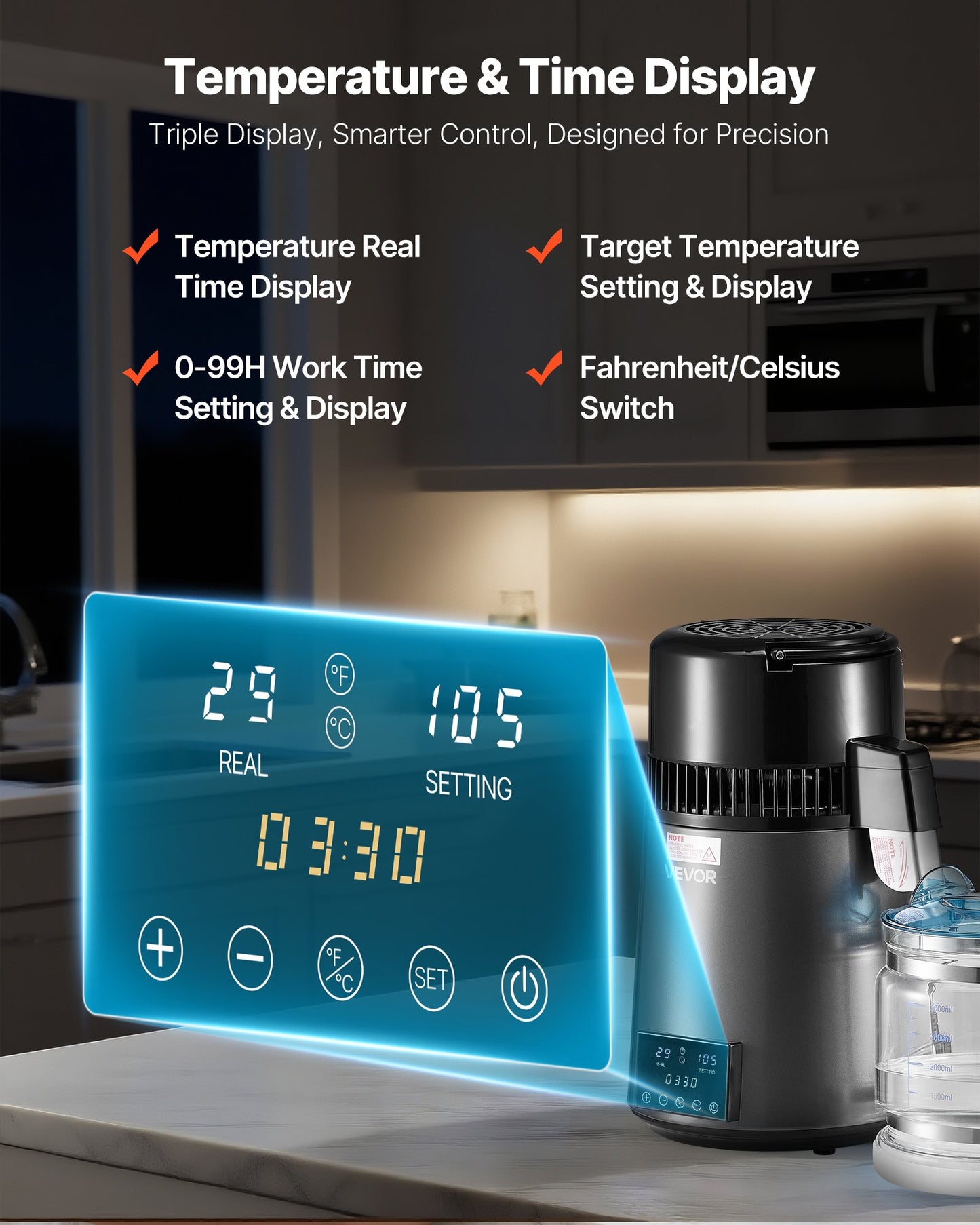 4L Water Distiller Machine - Home Countertop Purifier with Stainless Steel & Glass - 1750W