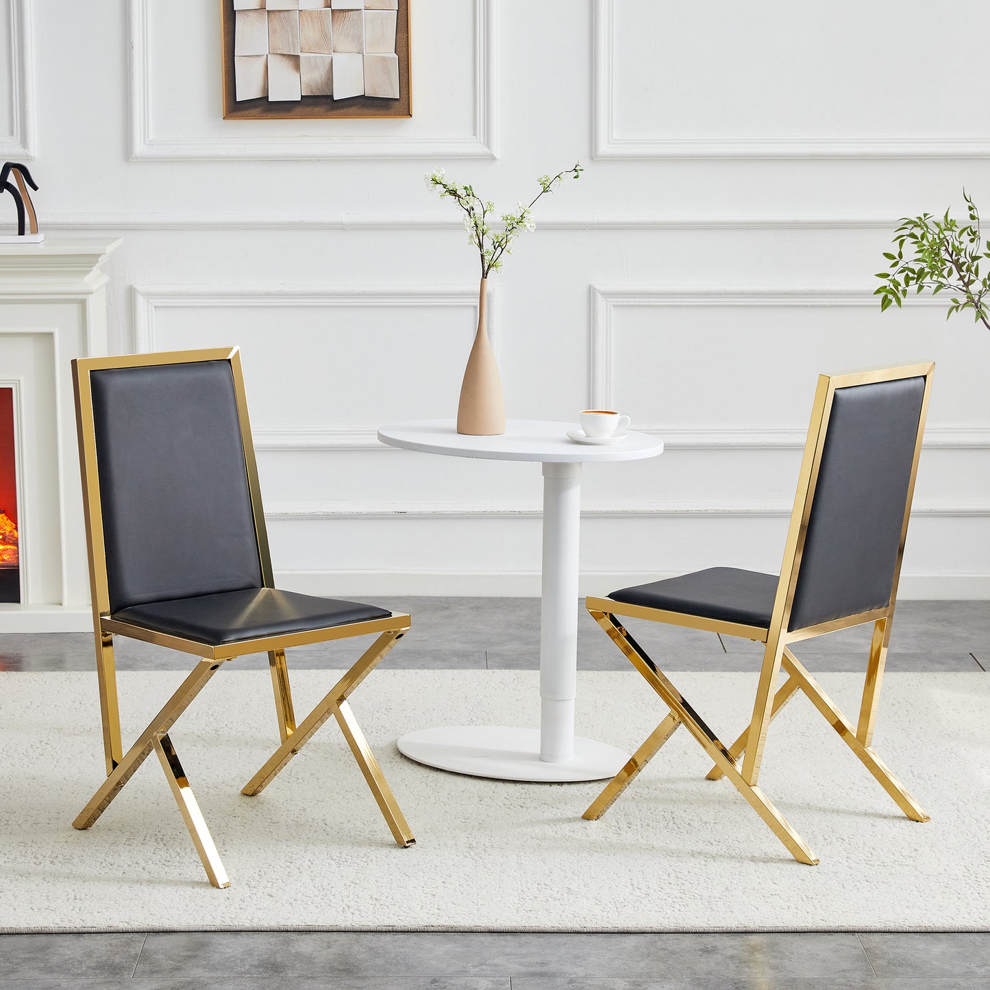 2-pack Gold Metal Framed Black PU Dining Chairs Ergonomic Design, A