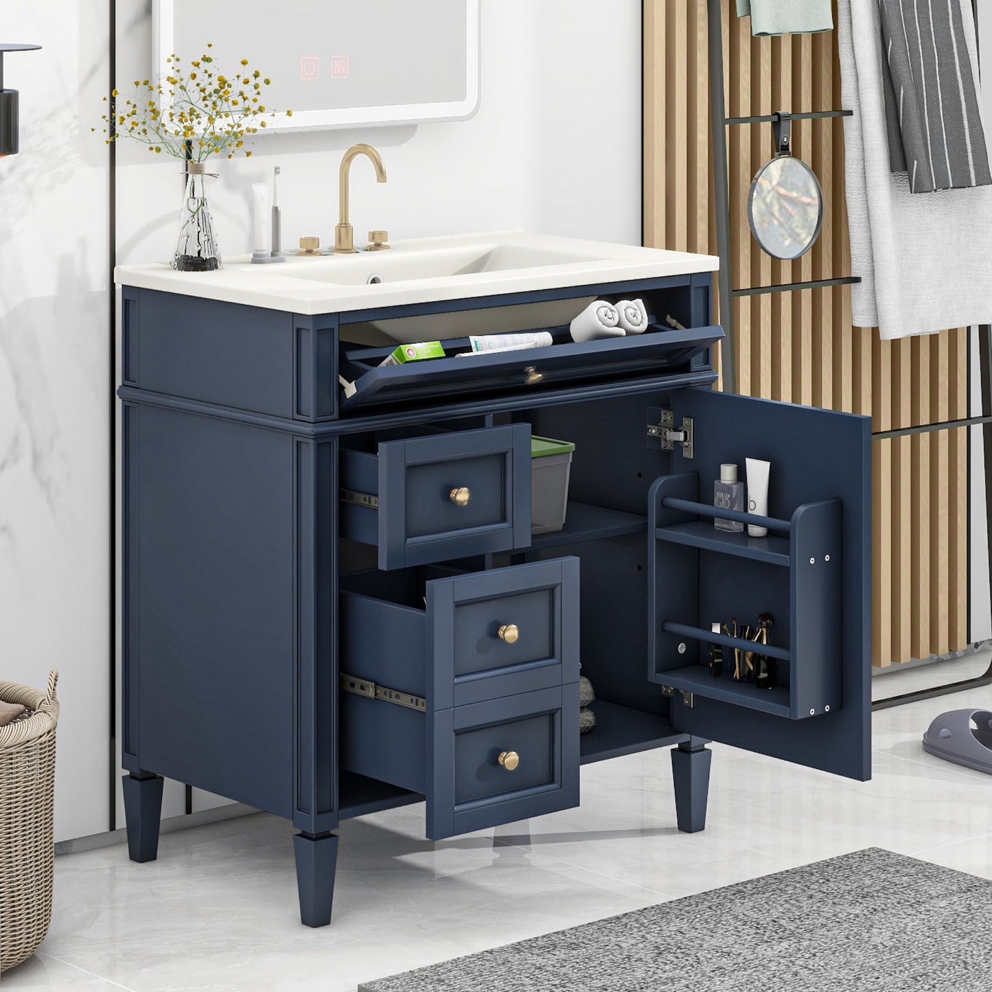 30'' Blue Bathroom Vanity with Ceramic Sink & Storage Drawers