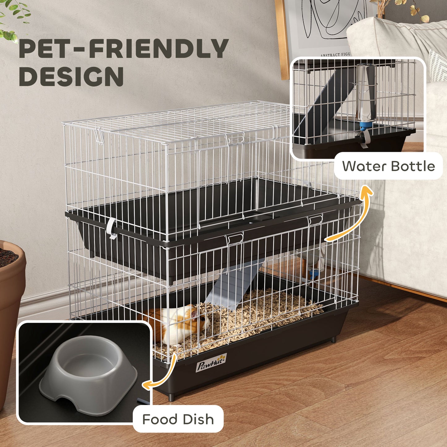 Small Animal Cage 2-Tier with Doors, Trays, Dish, Bottle & Ramp - Black, 750x470x220mm
