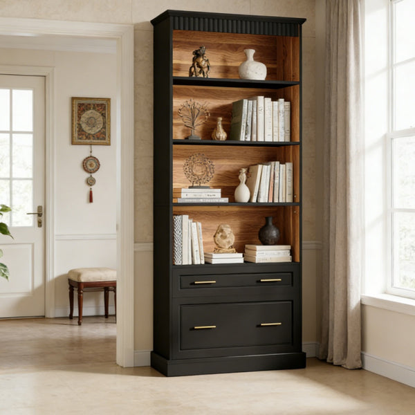Tall White Bookshelf with Drawers - Modern Home Office Storage