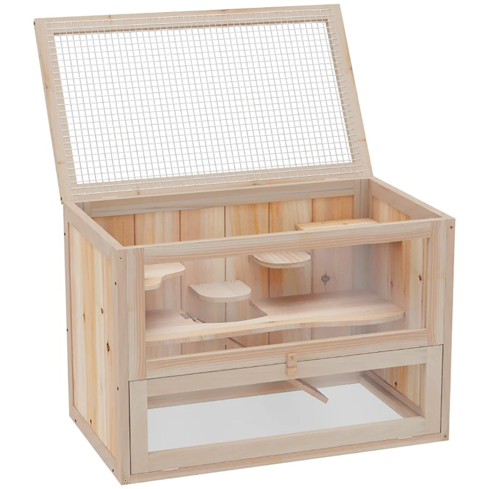 2-Level Small Animal Cage for Hamsters Mice Rodents with Open Top & Ramps - Nature Wood