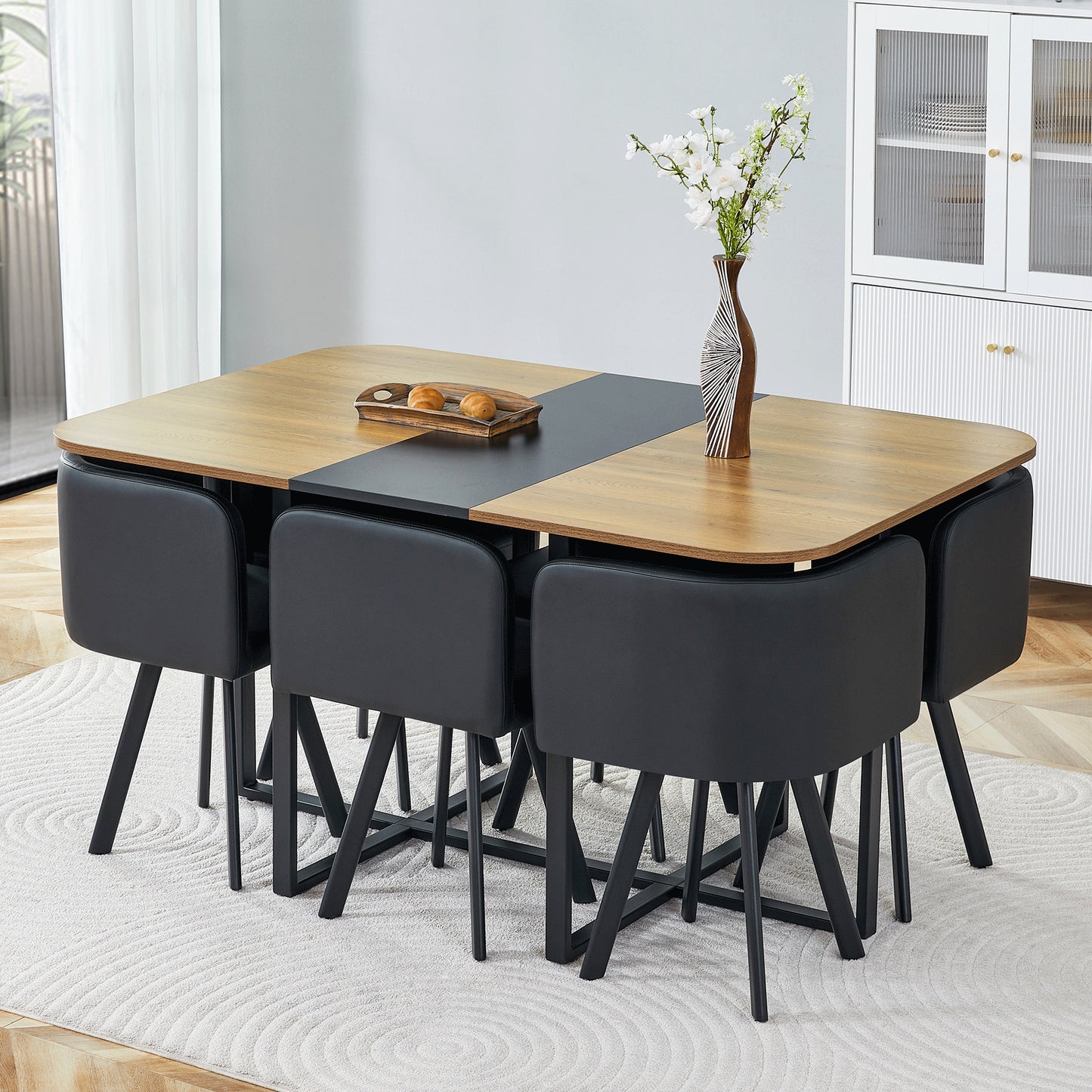 7-Piece Dining Table Set for 6 - Black PU Upholstered Chairs