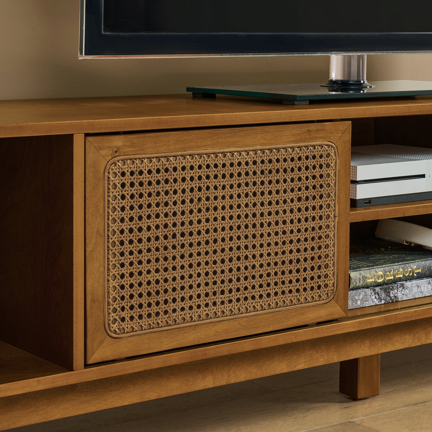 67.9-Inch Mid Century Modern Rattan TV Stand for TVs Up to 75" - Walnut Brown