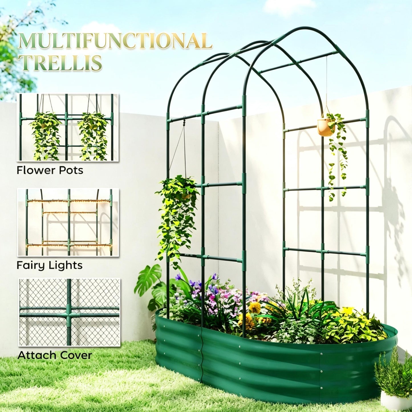 Galvanized Metal Raised Garden Bed with Trellis - 5' x 3'