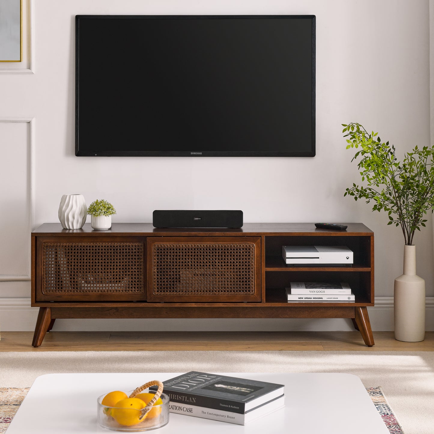 59 Inch Mid Century Modern Rattan TV Stand for 65 Inch TV - Walnut