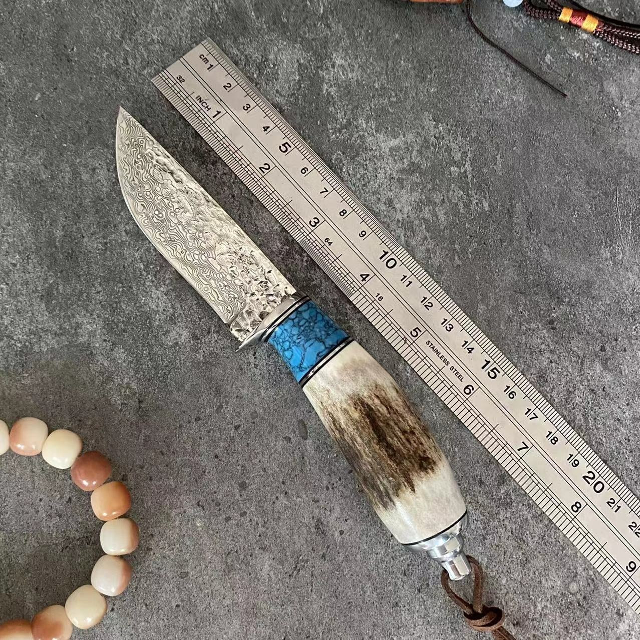 Turquoise Antler Handle Damascus Steel Kitchen Knife - Straight & Horse Variants