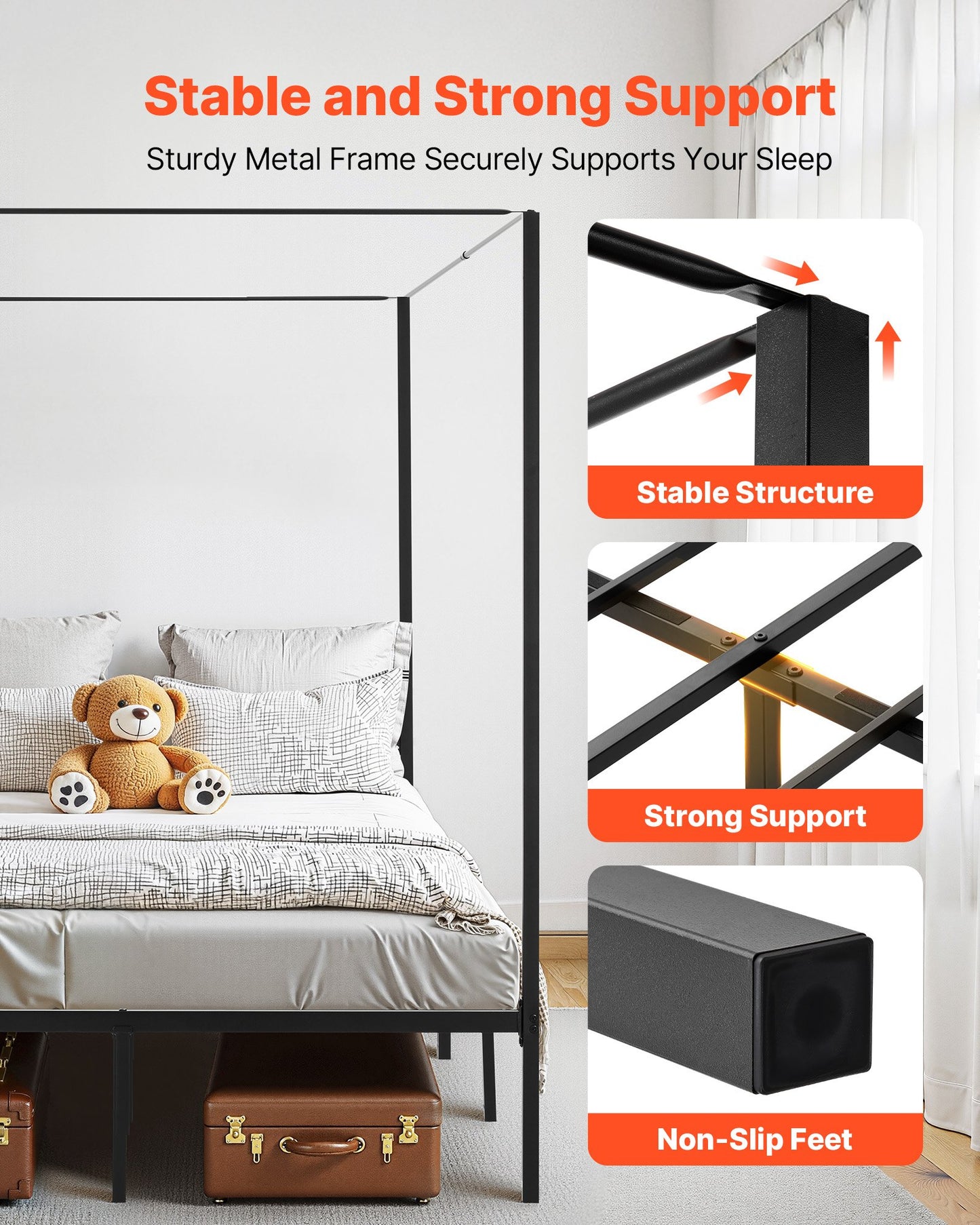 Full Size Metal Canopy Bed Frame with Four Posters, Heavy Duty Steel Slats, Underbed Storage, Easy Assembly - Black