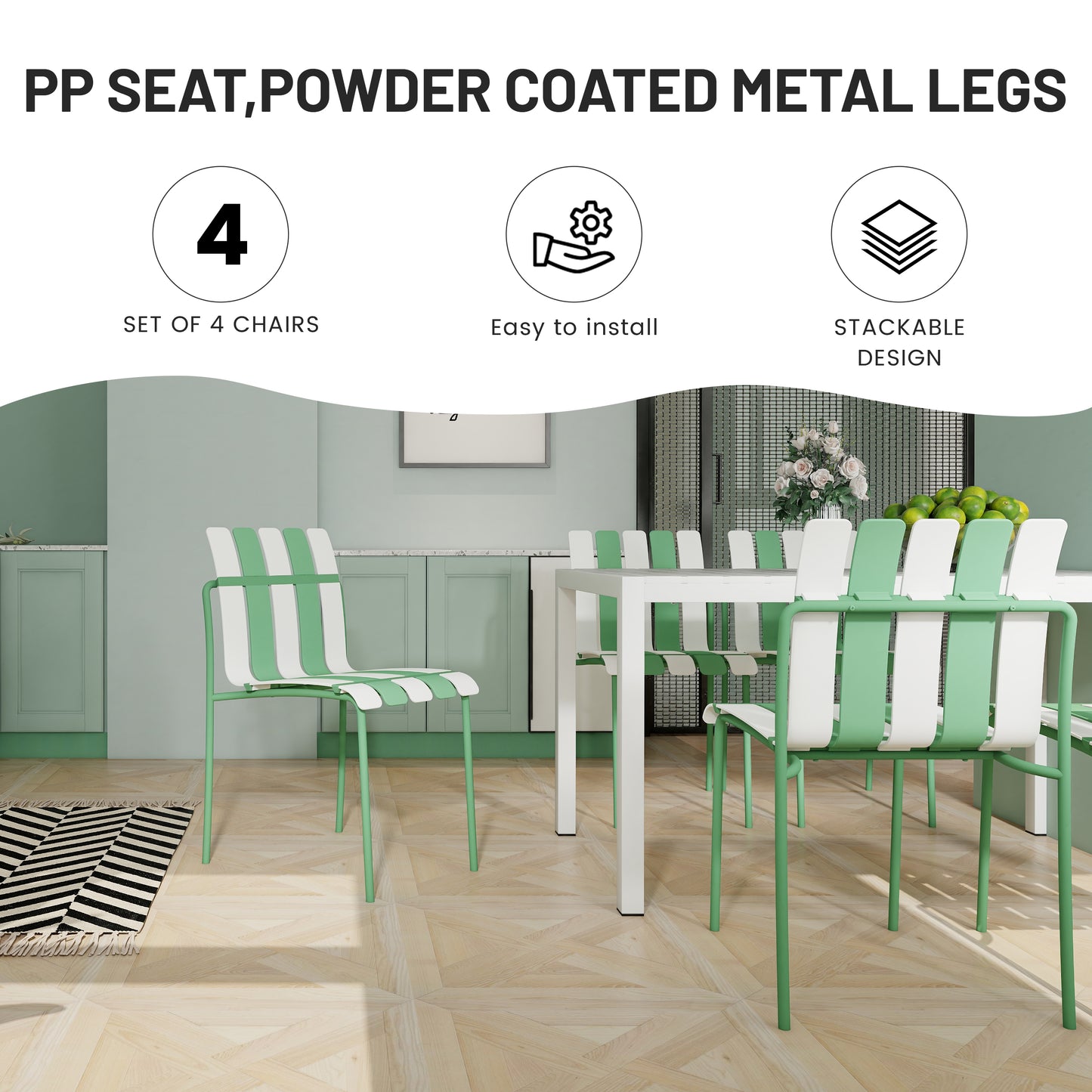Modern Striped Color Block Dining Chairs - 4-Pack, Waterproof PP & Metal, Indoor/Outdoor Seating