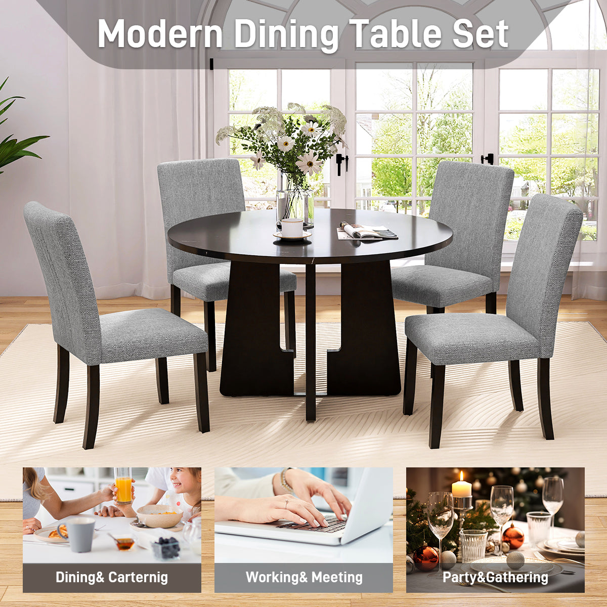 Round Dining Table For 4, 43-Inch Faux Marble Top, Mid-Century Modern