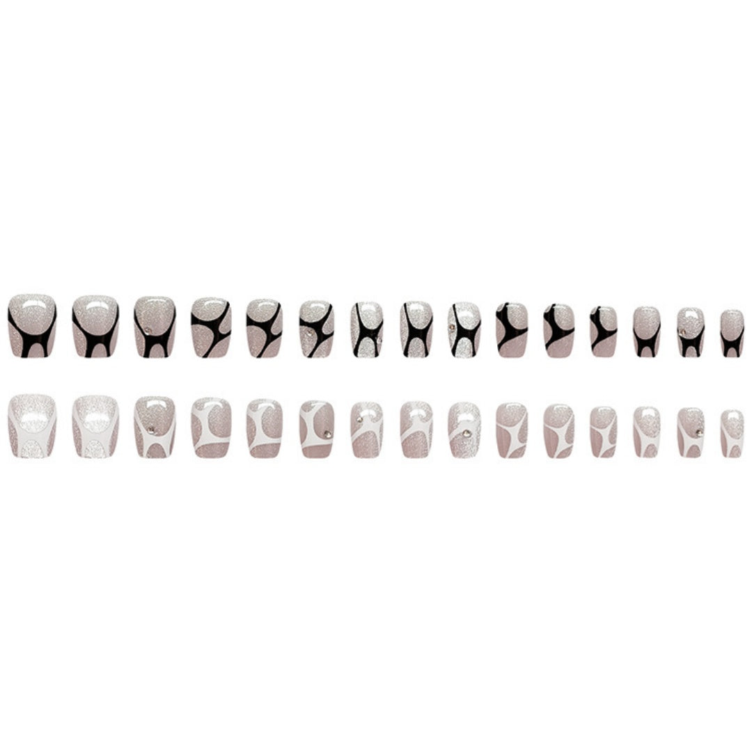 Short Rectangular Cat-Eye Gradient False Nails Kit with Gemstones & Stickers