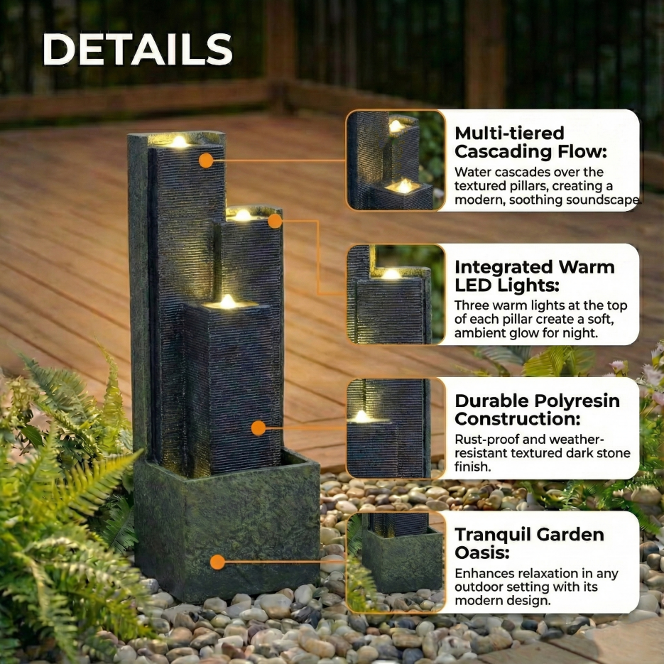 39-inch Outdoor Water Fountain with LED Lights - Garden Patio Lawn Decor