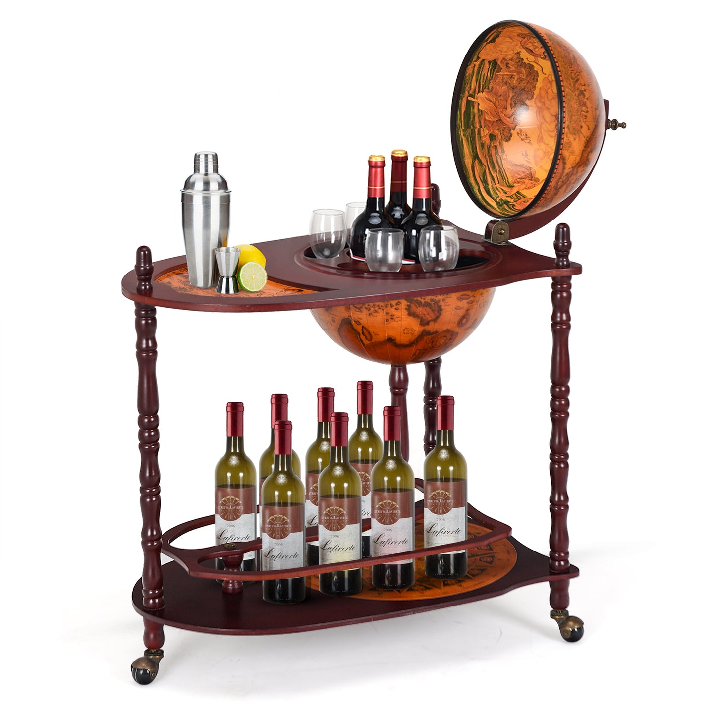 Vintage Globe Rolling Bar Cart with Extra Storage Shelf