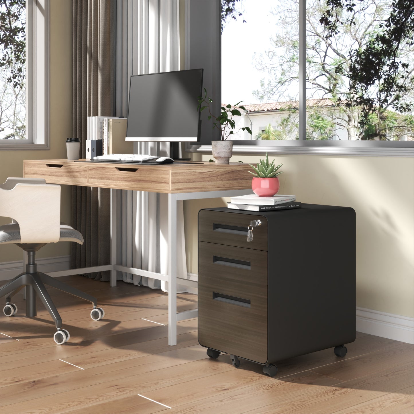 3-Drawer Mobile File Cabinet with Lock - Black Steel Storage