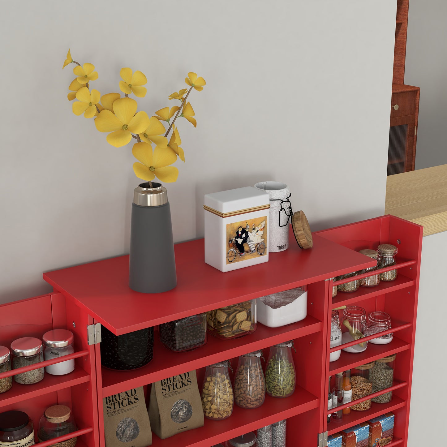 Large Kitchen Storage Cabinet with Double Doors & 5-Tier Shelving - Red