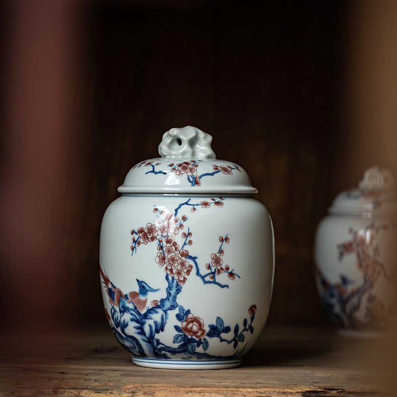 Ceramic Teapot with Blue and White Design & Storage Jar - Household Kitchen Decor